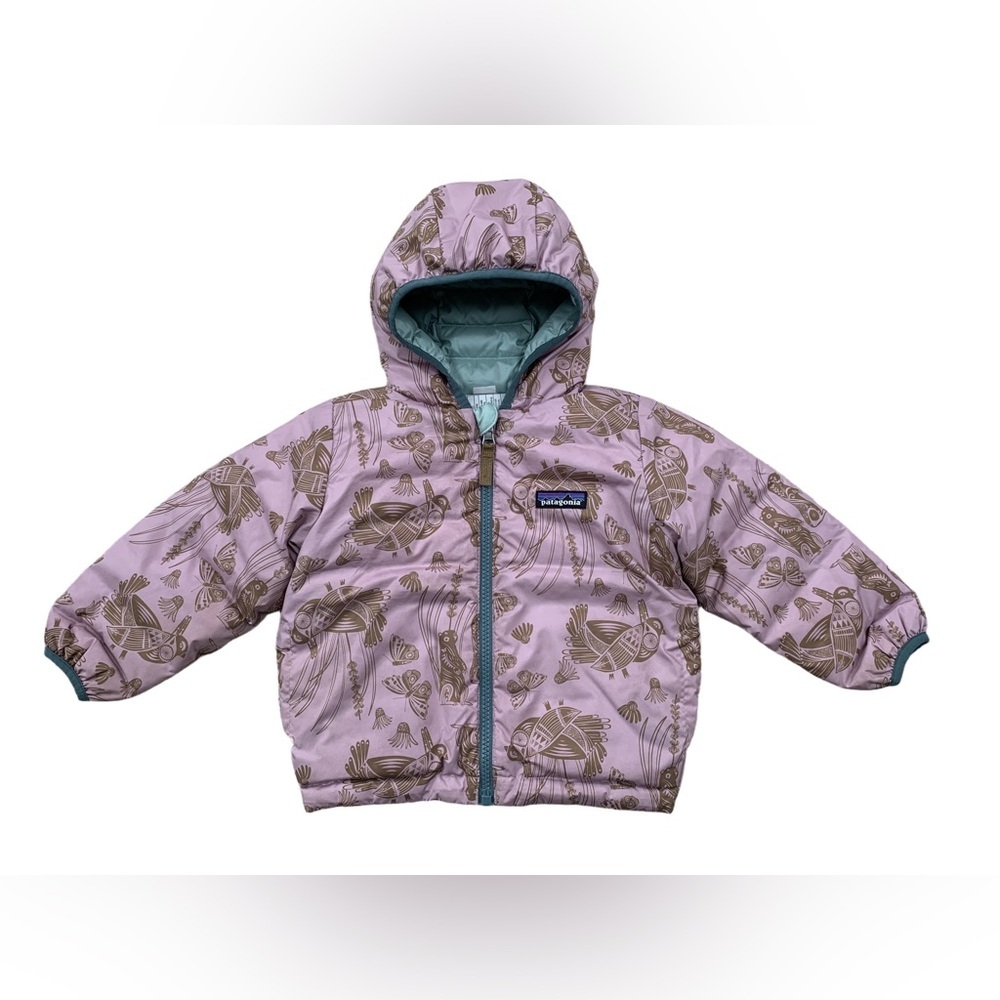 Patagonia Size 2T Reversible Down Sweater Hoodie in Teal Lavender Floral Birds